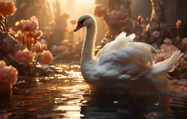 White, nature, lake, pond, bird, shore, Swan, pond