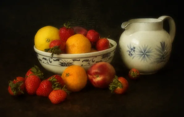 Background, lemon, strawberry, berry, vase, pitcher, fruit, peach