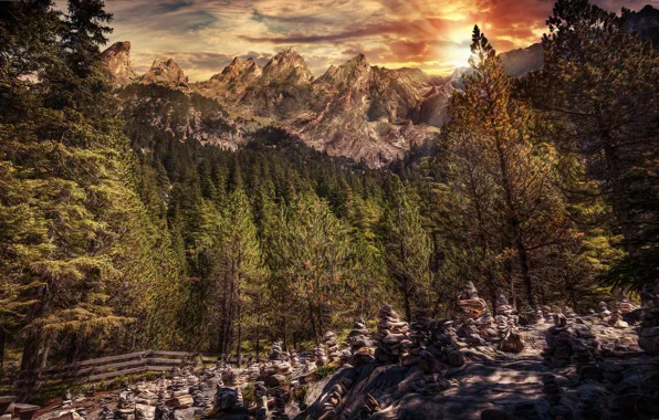 Picture the sun, trees, mountains, stones, treatment, silent mountain