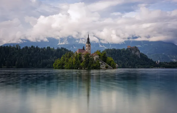 Picture the sky, clouds, lake, island, Church, Slovenia, Slovenia, Bled