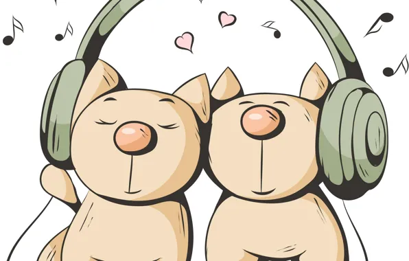 Cats, cats, headphones, pair, hearts, vector graphics
