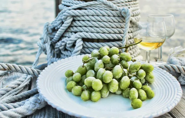 Sea, drops, wine, glasses, plate, grapes, rope