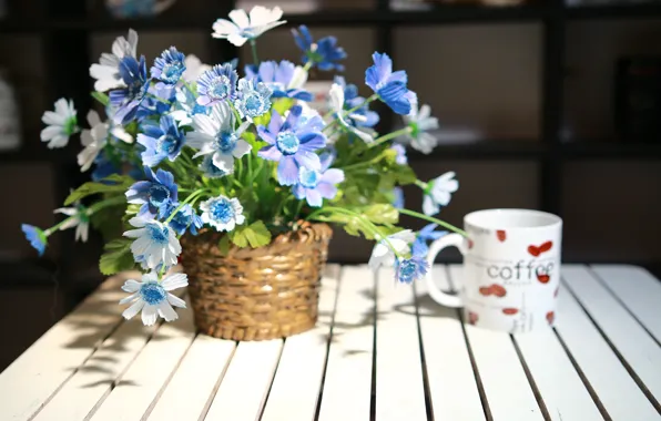 Flowers, bouquet, vase, wood
