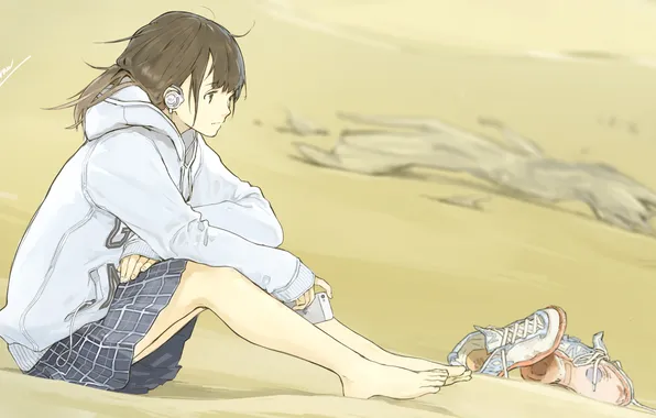 Picture sand, girl, music, headphones, art, form, loundraw