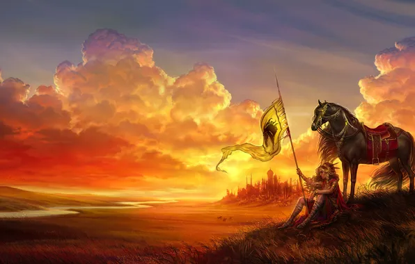 Girl, landscape, sunset, horse, armor, flag, art, mane