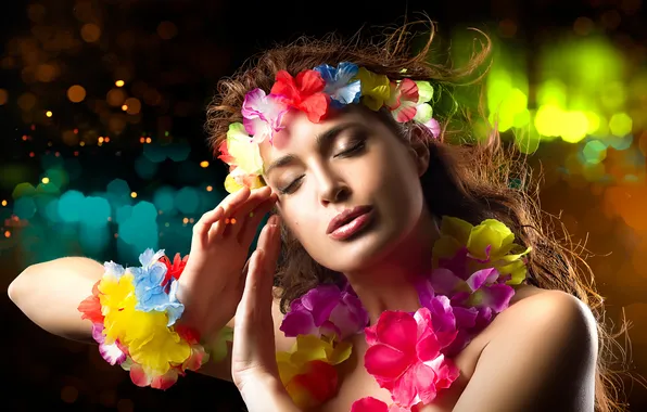Flowers, background, model, hands, makeup, closed eyes