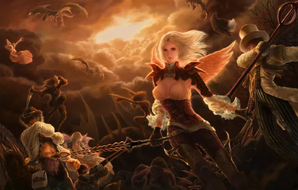 Girl, weapons, wings, dragons, angel, sword, monsters, battle