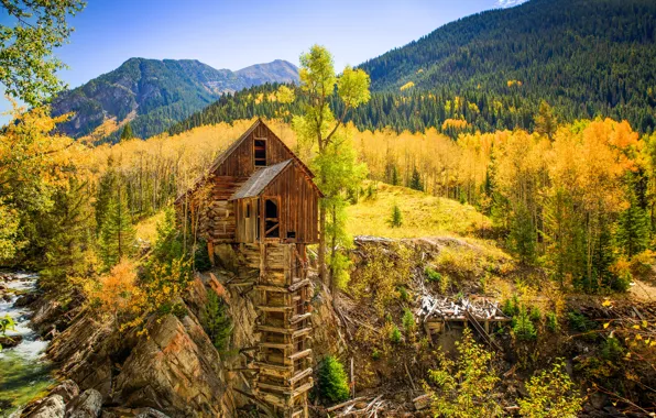 Picture autumn, forest, trees, mountains, stream, stones, USA, water mill