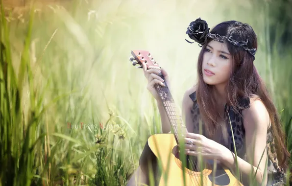 Girl, music, guitar, Asian