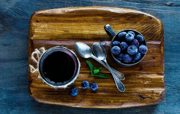 Picture berries, background, Board, blueberries, spoon, mug, Bank, mint