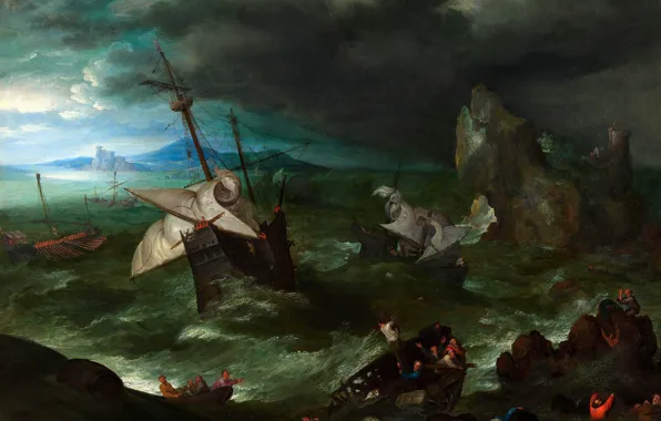 Sea, landscape, rocks, picture, Storm, Jan Brueghel the elder