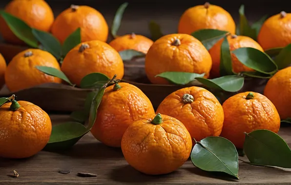 Leaves, Board, a lot, tangerines, AI art, neural network