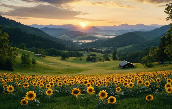 Field, forest, the sun, sunflowers, landscape, flowers, nature, dawn