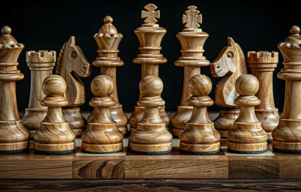 Horses, chess, black background, chess Board, entourage, king, chess pieces, wooden