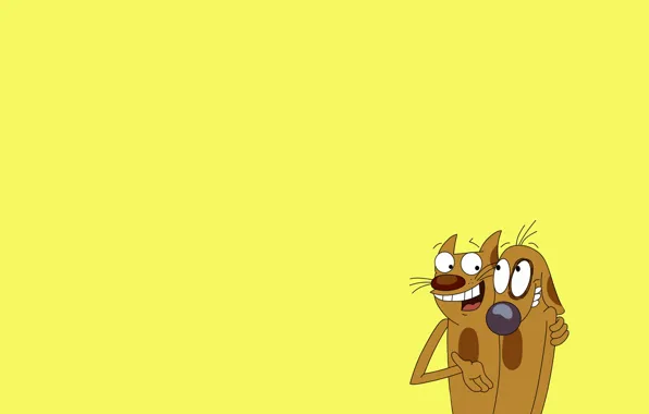 Picture minimalism, yellow background, cat and dog, CatDog, the embrace, Kotopes