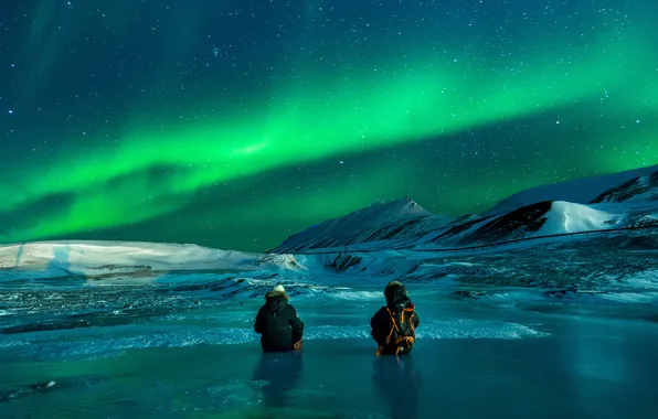 Winter, night, people, shore, pair, pond, atmospheric radiance