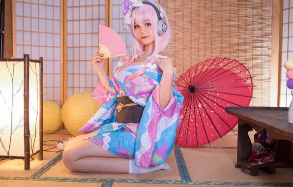 Sexy, pose, woman, model, umbrella, headphones, fan, Asian