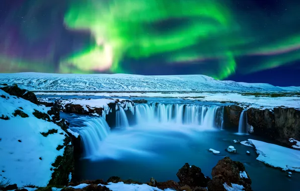 Night, river, waterfall, Polar lights, the beauty of nature, snow