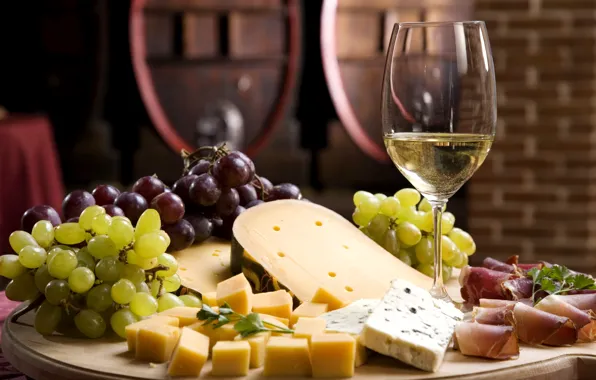 Wine, white, glass, cheese, grapes, wine, cheese
