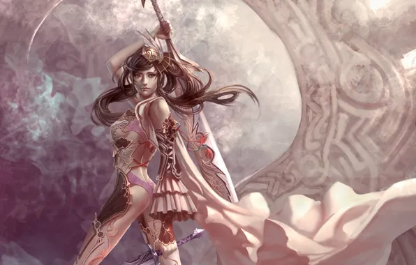 Girl, weapons, smoke, sword, fantasy, art, cloak, Cape