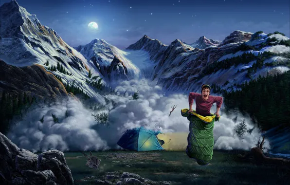 Mountains, hare, art, tent, guy, avalanche, sleeping bag