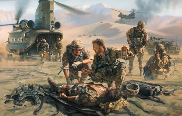 Picture mountains, weapons, art, soldiers, equipment, helicopters, help, wounded
