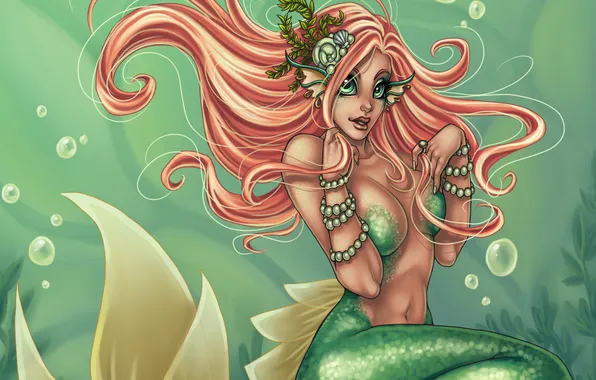 Look, girl, bubbles, face, hair, mermaid, art, tail
