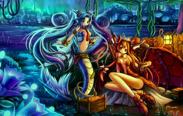 Fantasy, girls, mermaid, anime, art