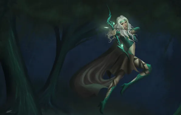 Picture forest, girl, weapons, jump, bow, art, league of legends, ashe