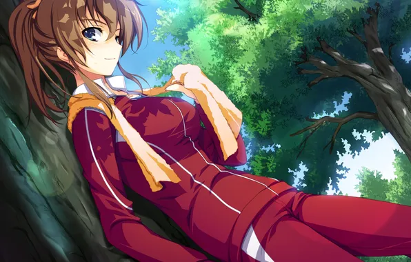 Look, girl, trees, smile, towel, art, sports uniforms, tomose shunsaku