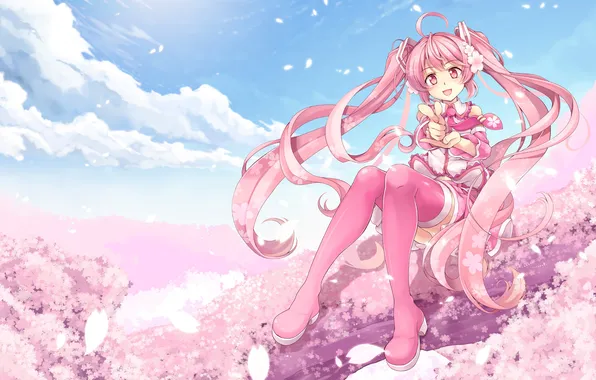 The sky, girl, clouds, tree, petals, Sakura, art, vocaloid