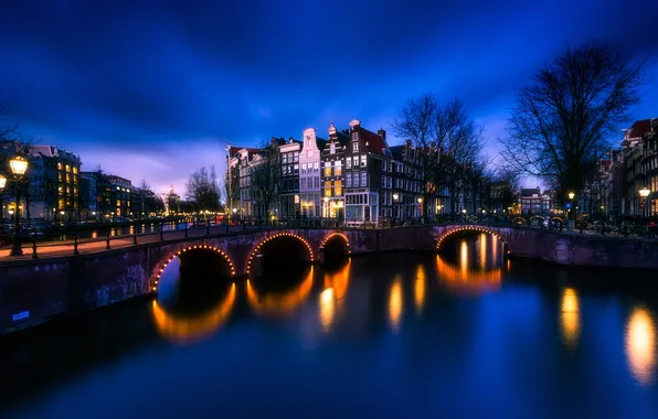 The sky, night, bridge, lights, home, Amsterdam, channel, Netherlands