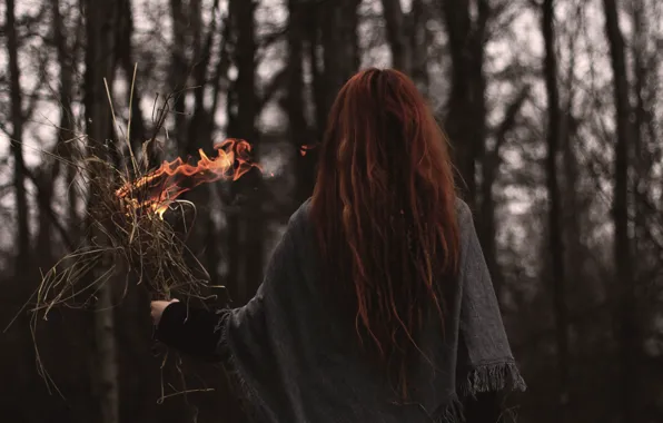 Picture grass, girl, fire, red, long hair, dry, burns