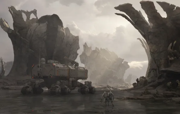 Machine, people, rocks, Finding a shelter