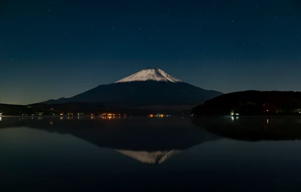 Picture the sky, stars, reflection, mountain, the volcano