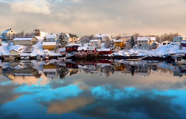 Winter, snow, reflection, home, boats, Norway, The Lofoten Islands, Lofoten