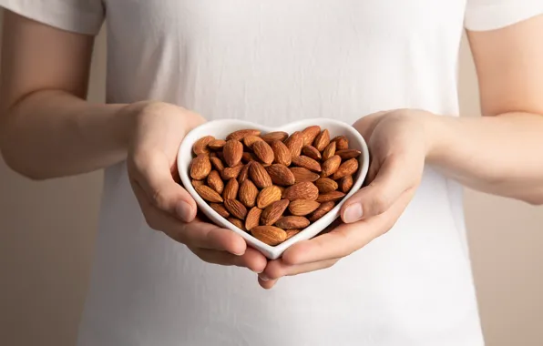 Hands, Valentine's day, Nuts, Nuts, Almonds, Almonds, Heart-shaped bowl, Heart shaped bowl