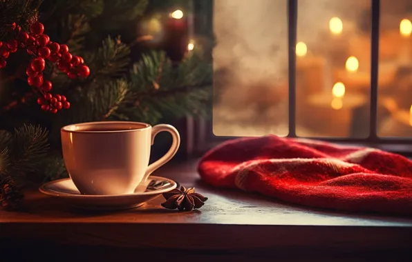 Winter, night, tree, candle, New Year, window, Christmas, Cup