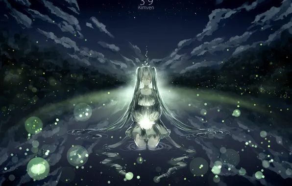 Picture the sky, water, girl, clouds, nature, fireflies, anime, art