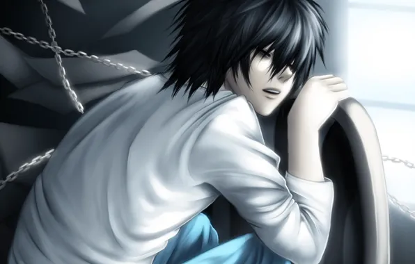 Picture light, chair, sleeping, leaves, guy, chain, Death Note, death note