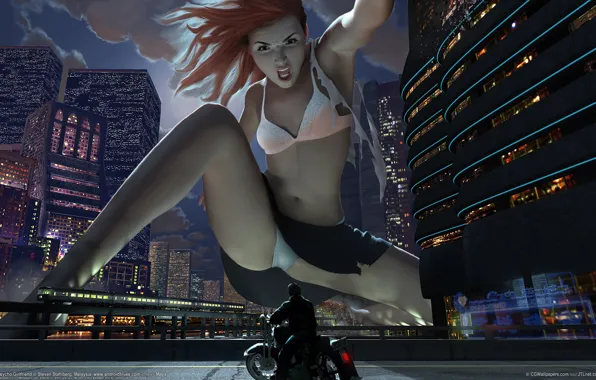 Girl, the city, giant