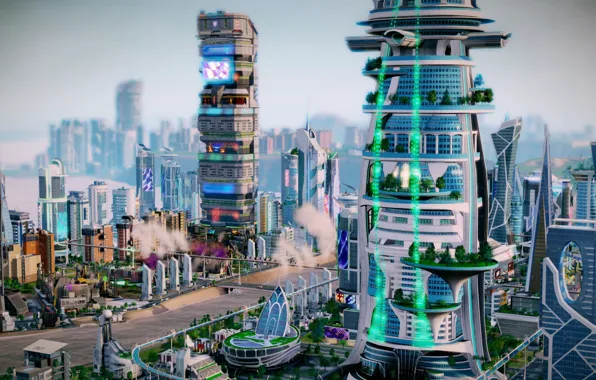City, the city, building, skyscrapers, neon, art, signs