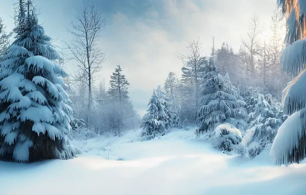 Winter, frost, forest, the sky, clouds, snow, trees, landscape