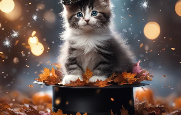 Autumn, cat, look, lights, pose, lights, kitty, butterfly
