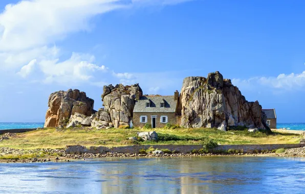 Sea, the sky, rocks, island, Paradise, house