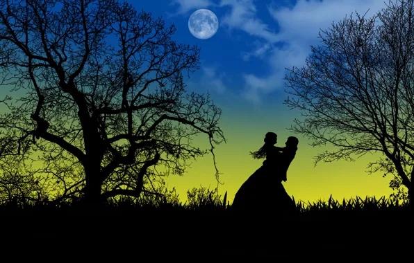 Love, night, the moon, romance, two, silhouettes, date