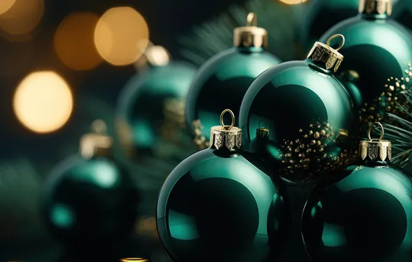Balls, branches, lights, the dark background, balls, Shine, sequins, green
