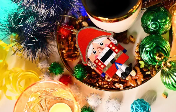 Balls, holiday, glasses, Christmas, mug, New year, nuts, tinsel