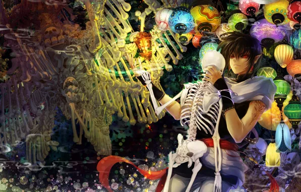 Elf, anime, art, bones, skeleton, guy, lanterns