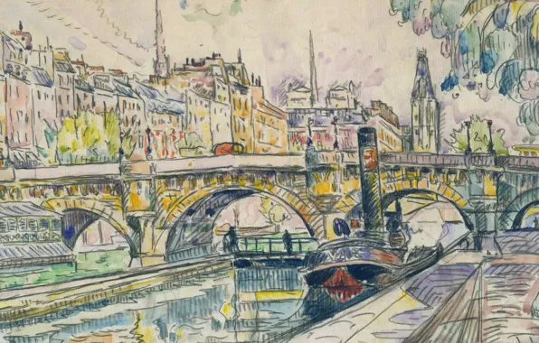 Figure, watercolor, the urban landscape, Paul Signac, Tugboat at the Pont Neuf. Paris